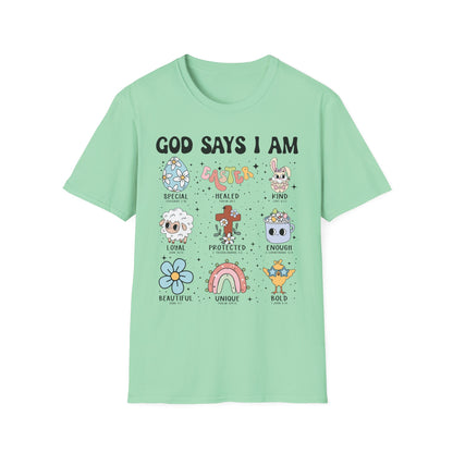 Inspirational Unisex Softstyle T-Shirt - "God Says I Am" Affirmations