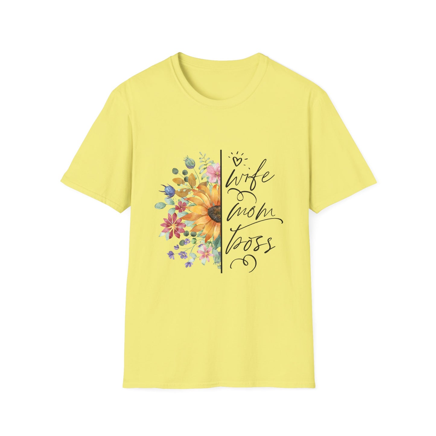 Wife, Mom, Boss Floral Unisex Softstyle T-Shirt - Perfect Gift for Mother's Day & Birthdays