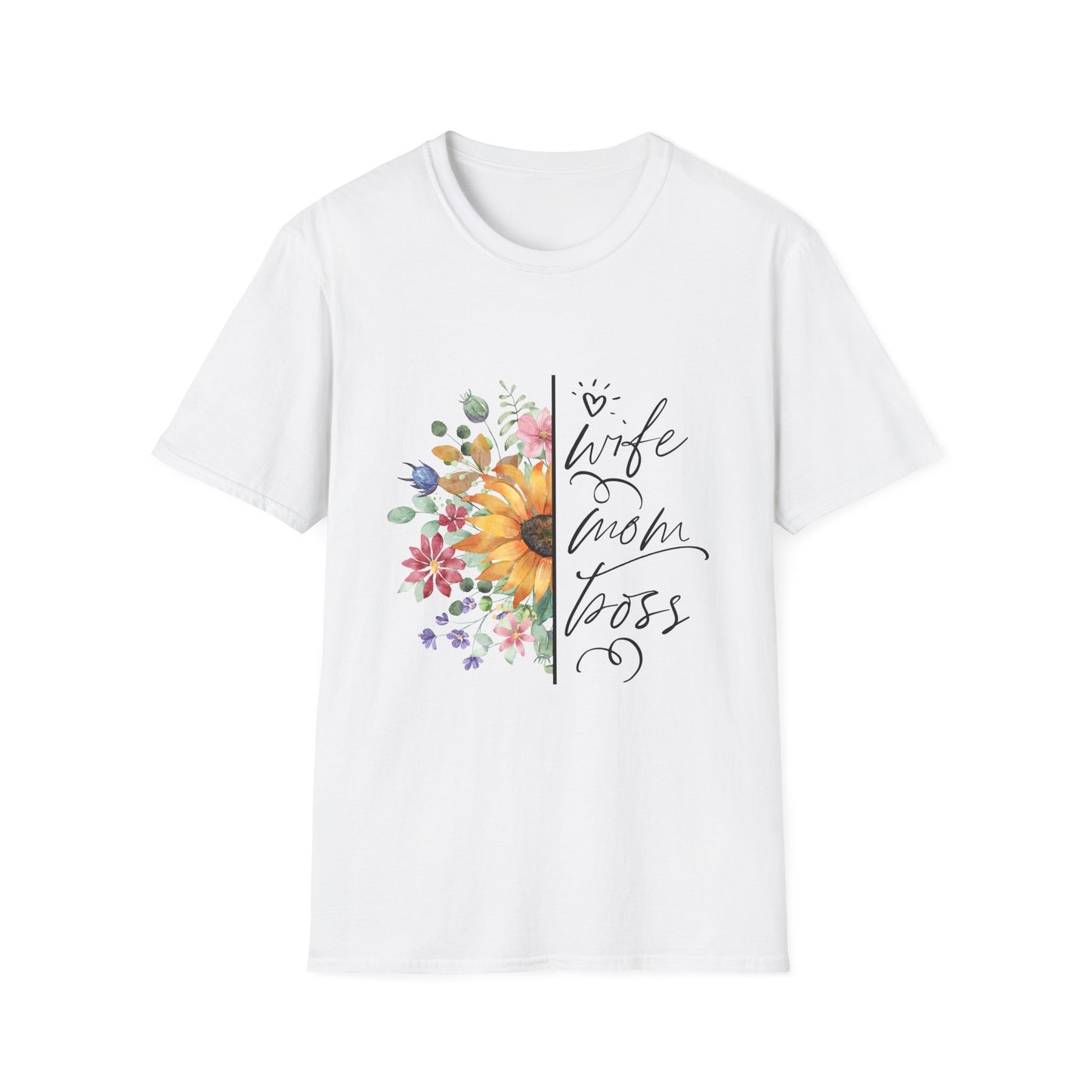 Wife, Mom, Boss Floral Unisex Softstyle T-Shirt - Perfect Gift for Mother's Day & Birthdays